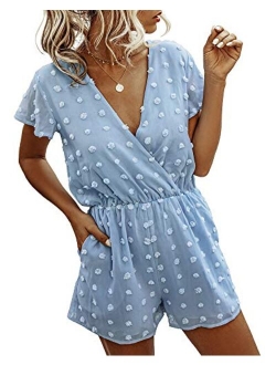 BTFBM Women Fashion Wrap V-Neck Swiss Dot Print Short Sleeve Elastic Waist Plain Summer Pockets Shorts Jumpsuit Romper