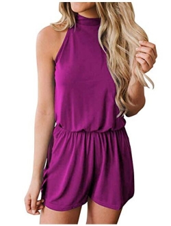 Annystore Women's Sexy Halter Neck Elastic Waist Solid Color Sleeveless Short Jumpsuit Rompers