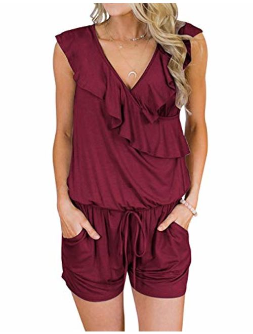 TECREW Women's Summer V Neck Ruffles Sleeveless Jumpsuit Elastic Waist Short Rompers with Pockets Wine Red