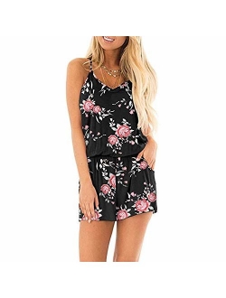 INIBUD Rompers for Women Floral Solid Casual Loose Spaghetti Straps Wide Leg Pockets Summer