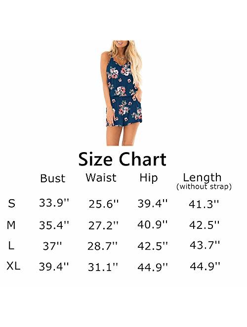 INIBUD Rompers for Women Floral Solid Casual Loose Spaghetti Straps Wide Leg Pockets Summer