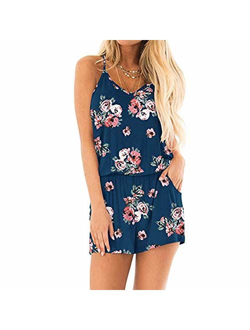 INIBUD Rompers for Women Floral Solid Casual Loose Spaghetti Straps Wide Leg Pockets Summer