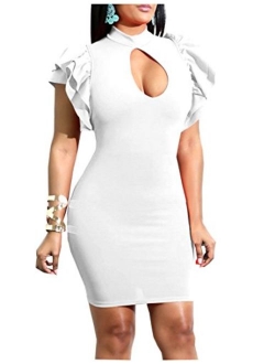 Mokoru Women's Sexy Ruffle Short Sleeve Hollow Out Bodycon Party Mini Club Dress