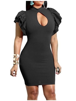 Mokoru Women's Sexy Ruffle Short Sleeve Hollow Out Bodycon Party Mini Club Dress