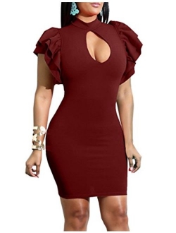 Mokoru Women's Sexy Ruffle Short Sleeve Hollow Out Bodycon Party Mini Club Dress