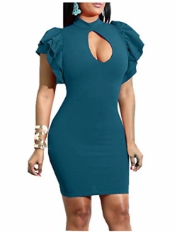 Mokoru Women's Sexy Ruffle Short Sleeve Hollow Out Bodycon Party Mini Club Dress