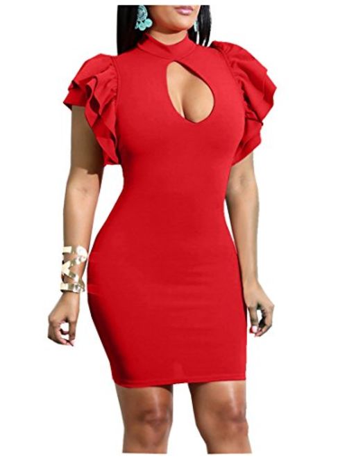 Mokoru Women's Sexy Ruffle Short Sleeve Hollow Out Bodycon Party Mini Club Dress