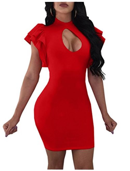 Mokoru Women's Sexy Ruffle Short Sleeve Hollow Out Bodycon Party Mini Club Dress