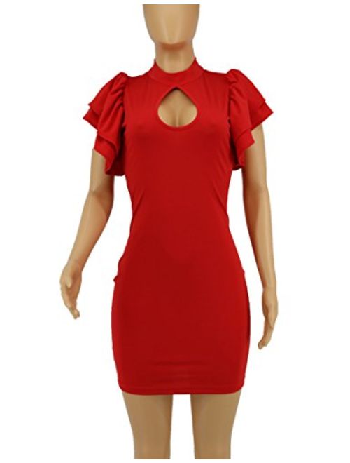 Mokoru Women's Sexy Ruffle Short Sleeve Hollow Out Bodycon Party Mini Club Dress