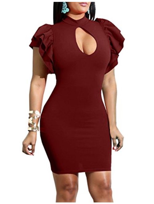 Mokoru Women's Sexy Ruffle Short Sleeve Hollow Out Bodycon Party Mini Club Dress