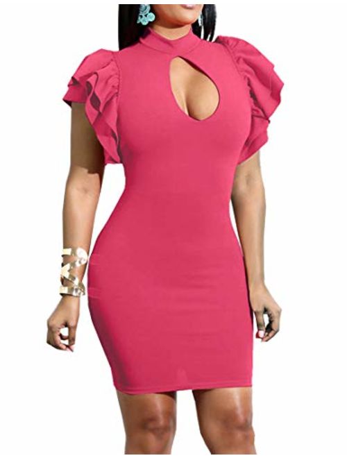 Mokoru Women's Sexy Ruffle Short Sleeve Hollow Out Bodycon Party Mini Club Dress