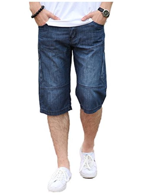 DSDZ Mens Casual Cargo Patchwork Blue Denim Jeans Shorts with Zippers