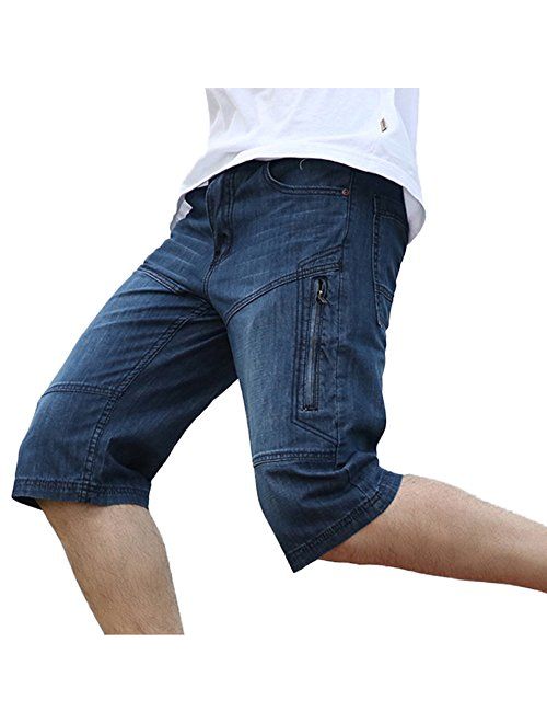 DSDZ Mens Casual Cargo Patchwork Blue Denim Jeans Shorts with Zippers