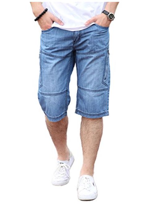 DSDZ Mens Casual Cargo Patchwork Blue Denim Jeans Shorts with Zippers