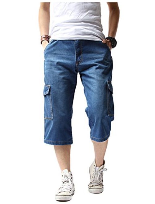 DSDZ Mens Casual Cargo Patchwork Blue Denim Jeans Shorts with Zippers