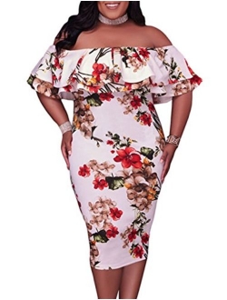 Gloria&Sarah Women's Off Shoulder Ruffle Floral Print Plus Size Bodycon Party Dress