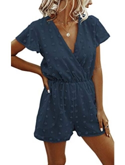 Angashion Womens Rompers-Summer Deep V Neck Wrap Floral Polka Dot Short Sleeve Beach Short Jumpsuit