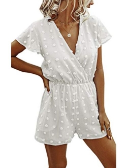 Angashion Womens Rompers-Summer Deep V Neck Wrap Floral Polka Dot Short Sleeve Beach Short Jumpsuit