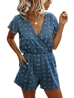 Angashion Womens Rompers-Summer Deep V Neck Wrap Floral Polka Dot Short Sleeve Beach Short Jumpsuit