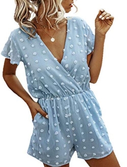 Angashion Womens Rompers-Summer Deep V Neck Wrap Floral Polka Dot Short Sleeve Beach Short Jumpsuit