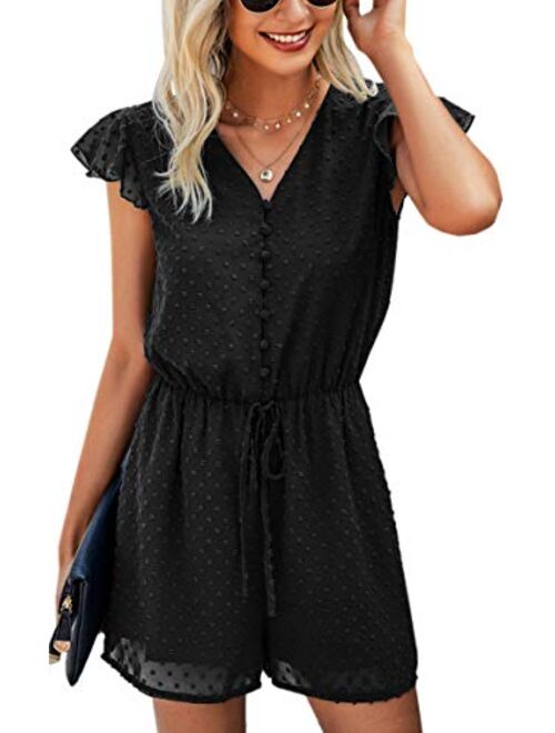 Angashion Womens Rompers-Summer Deep V Neck Wrap Floral Polka Dot Short Sleeve Beach Short Jumpsuit