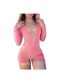 Womens Solid Deep V Neck Bandage Hollow Out Sexy Long Sleeve Bodysuits Catsuit