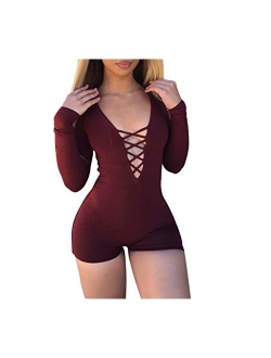 Womens Solid Deep V Neck Bandage Hollow Out Sexy Long Sleeve Bodysuits Catsuit