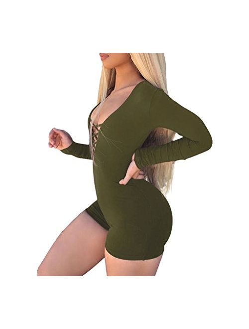 Womens Solid Deep V Neck Bandage Hollow Out Sexy Long Sleeve Bodysuits Catsuit