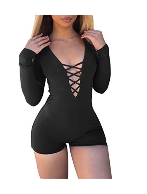 Womens Solid Deep V Neck Bandage Hollow Out Sexy Long Sleeve Bodysuits Catsuit