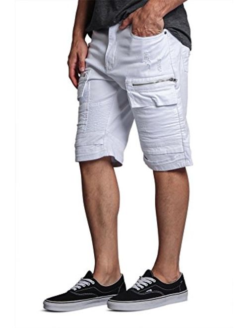 Men's Cargo Pocket Ribbed Distressed Biker Moto Style Shorts