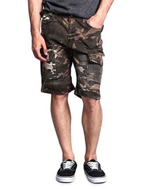 Men's Cargo Pocket Ribbed Distressed Biker Moto Style Shorts