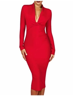 Women's Deep Plunge V Neck Long Sleeves Draped Knee Length Bodycon Bandage Dress