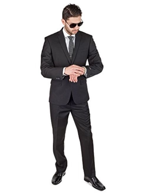 Slim Fit Men Suit Solid Black 2 Button Notch Lapel Flat Front Pants by Azar