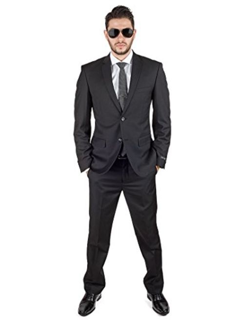 Slim Fit Men Suit Solid Black 2 Button Notch Lapel Flat Front Pants by Azar