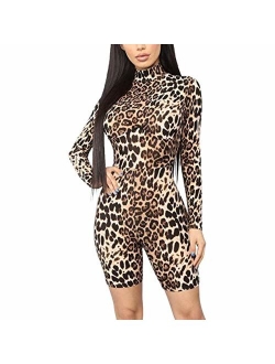 AZHONG Women's Sexy Long Sleeve Tigerskin Snakeskin Print Back Zipper Bodycon Romper Shorts Jumpsuit Pants Club Outfits