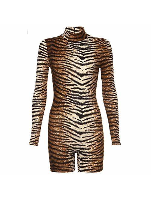 AZHONG Women's Sexy Long Sleeve Tigerskin Snakeskin Print Back Zipper Bodycon Romper Shorts Jumpsuit Pants Club Outfits