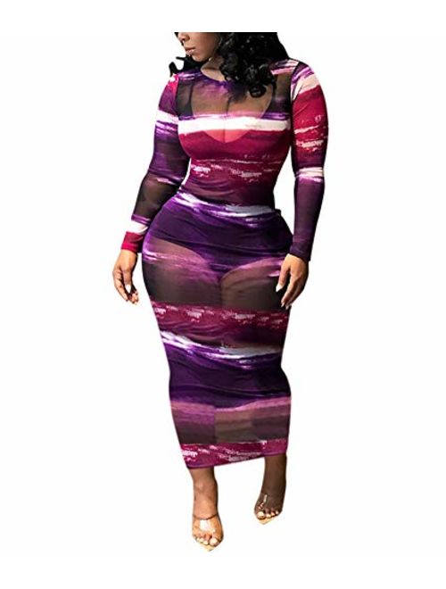 Sprifloral Women Sexy Long Bodycon Dress - Long Sleeve Turtleneck Neck Colorful Sheer Mesh See Through Club Maxi Dress