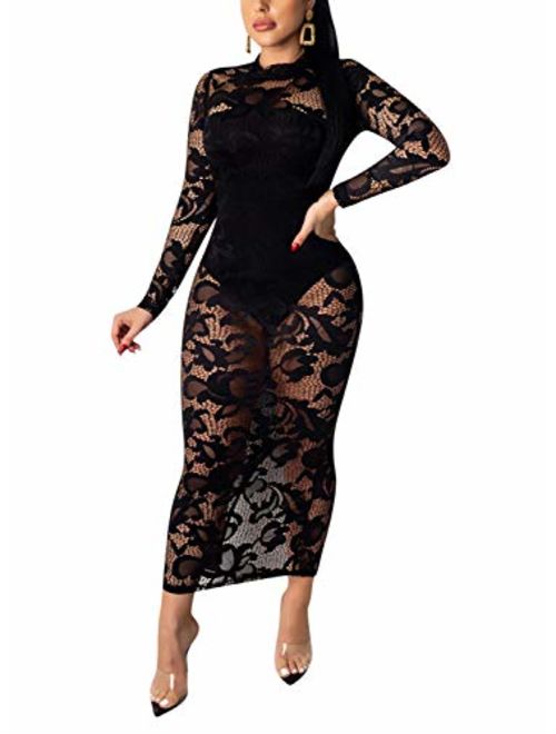 Sprifloral Women Sexy Long Bodycon Dress - Long Sleeve Turtleneck Neck Colorful Sheer Mesh See Through Club Maxi Dress