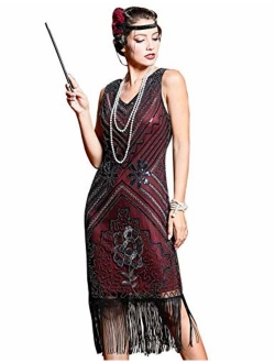 kayamiya Women's 1920s Flapper Dresses V Neck Beaded Tassels Gatsby Party Dress