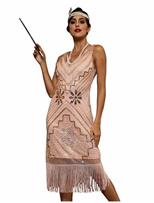 kayamiya Women's 1920s Flapper Dresses V Neck Beaded Tassels Gatsby Party Dress