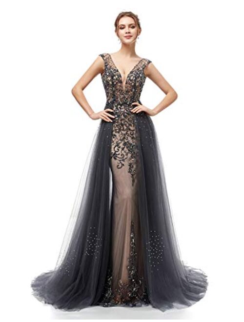 Sarahbridal Women's Crystal Beaded Prom Dress Long Evening Gowns