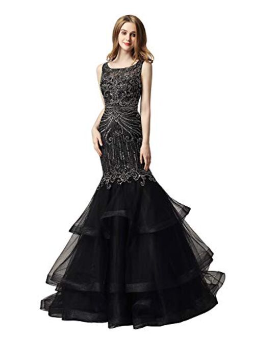 Sarahbridal Women's Crystal Beaded Prom Dress Long Evening Gowns