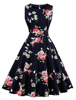 Wellwits Women's Tropical Leaf Flamingo Hepburn 1950s Vintage Swing Dress