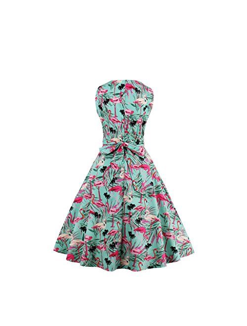 Wellwits Women's Tropical Leaf Flamingo Hepburn 1950s Vintage Swing Dress