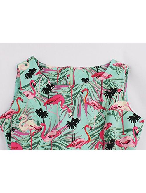 Wellwits Women's Tropical Leaf Flamingo Hepburn 1950s Vintage Swing Dress