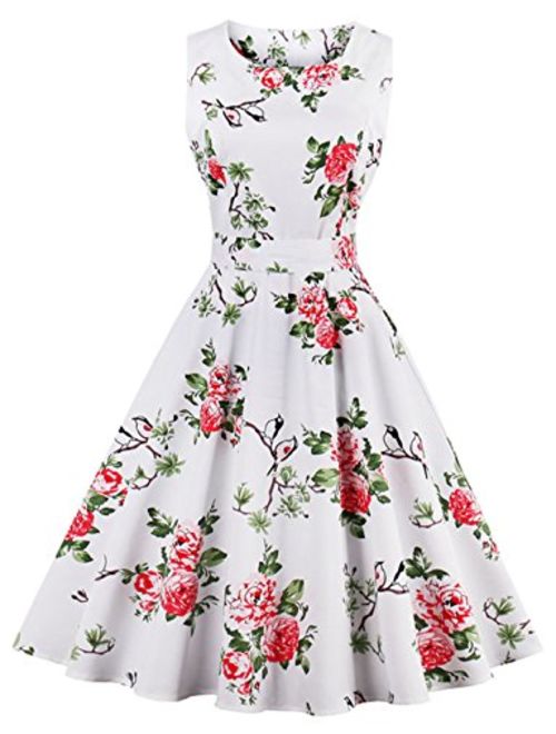 Wellwits Women's Tropical Leaf Flamingo Hepburn 1950s Vintage Swing Dress