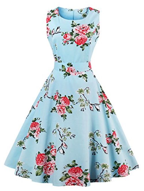 Wellwits Women's Tropical Leaf Flamingo Hepburn 1950s Vintage Swing Dress