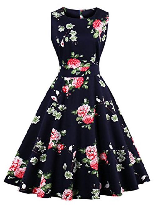 Wellwits Women's Tropical Leaf Flamingo Hepburn 1950s Vintage Swing Dress