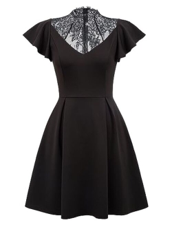 Womens Casual Gothic Dress Flutter Sleeve A-line Swing Dress