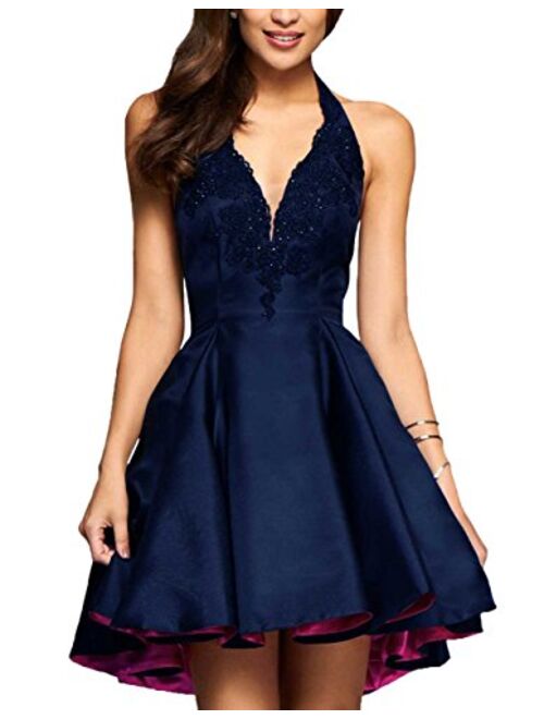 Women's Halter A-line Lace Applique High Low Satin Homecoming Dress Formal Gown with Pockets Plum22 Plus